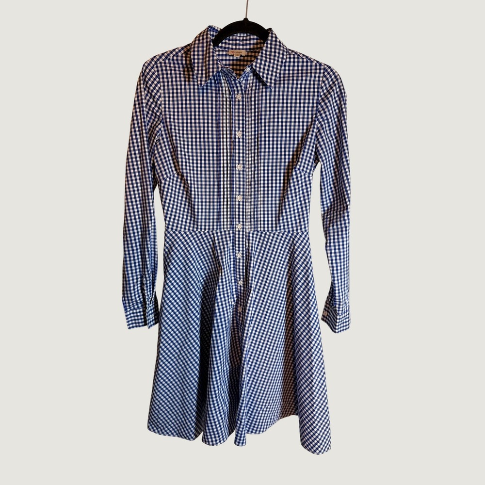 Cremieux Blue White Gingham Long Sleeve Button Front Shirt Golf Dress 4 A Line